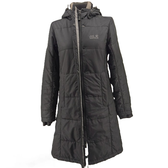 Front view of black Jack Wolfskin vintage women’s winter coat with hood