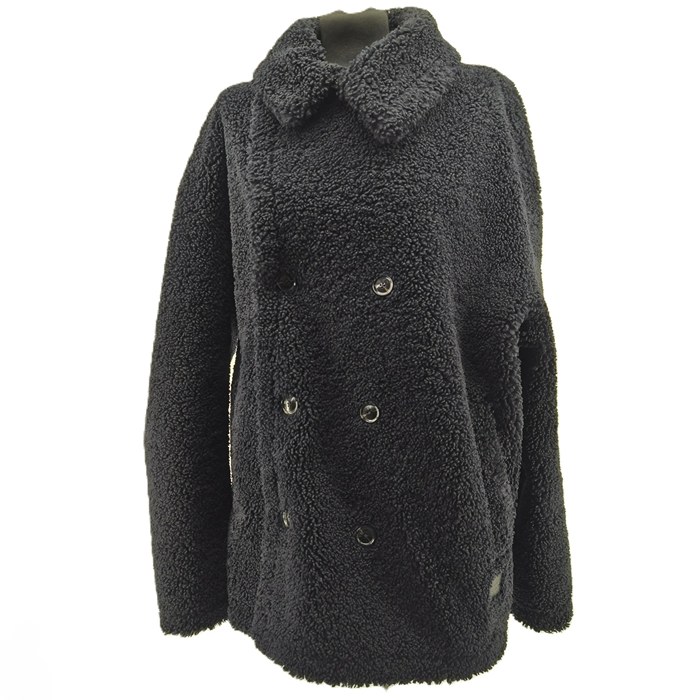Front view of black Scotch & Soda vintage teddy coat for women with double buttons