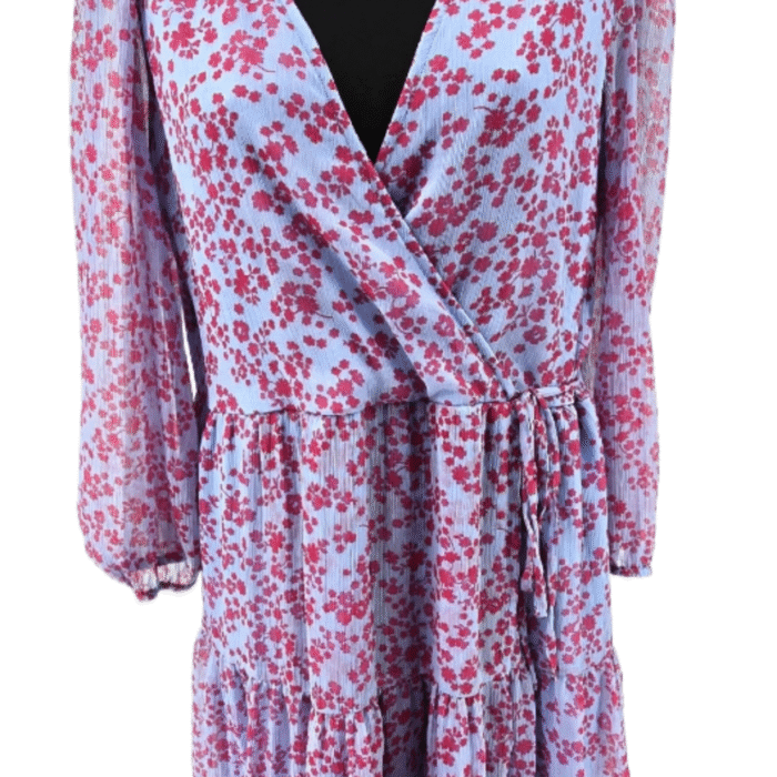 Front view of Vero Moda blue floral wrap dress – vintage dresses style with red flower pattern.