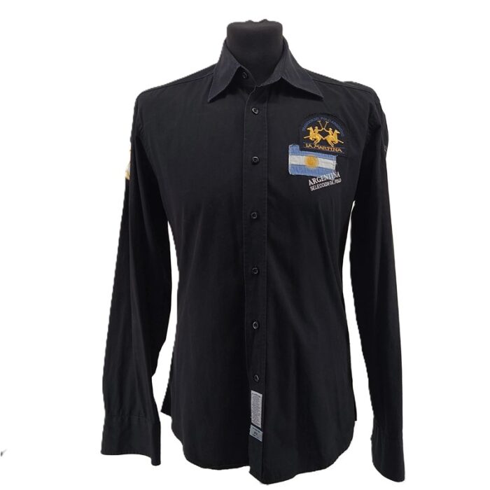 Front view of black vintage men’s shirt La Martina with Argentina flag embroidery and polo logo.