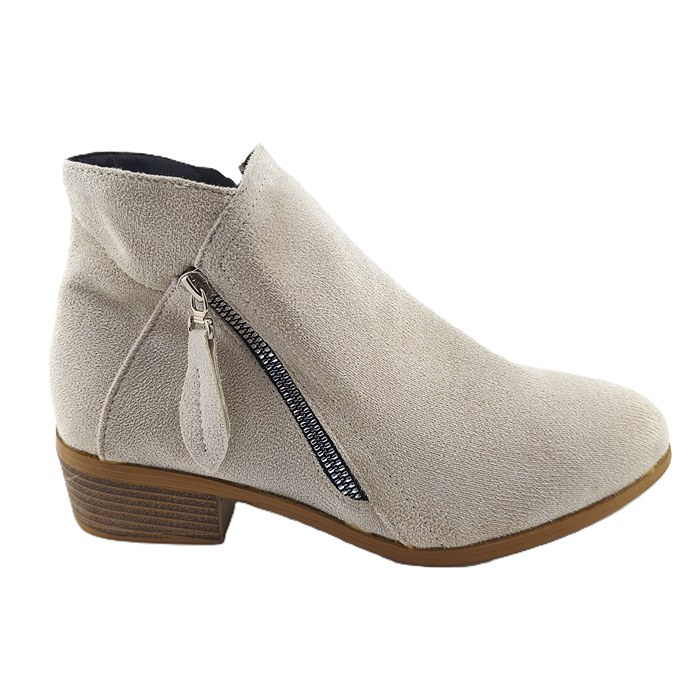 alt="Beige vintage ankle boots with low block heel and side zipper"