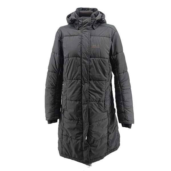 Vintage Jack Wolfskin women’s long charcoal grey winter jacket, front view with hood.