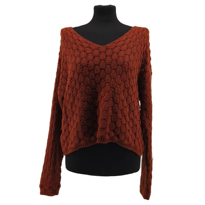 Front view of caramel open-knit HAILYS women’s sweater on black mannequin, V-neck and long sleeves, vintage ladies knitwear style.