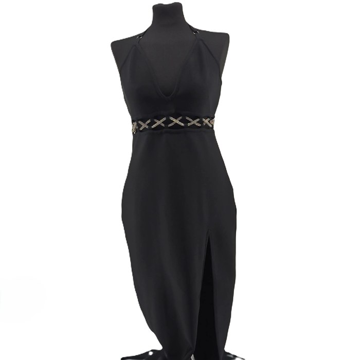 Front view of black halter midi dress with sparkling criss-cross beaded waist and front slit, vintage dresses style.