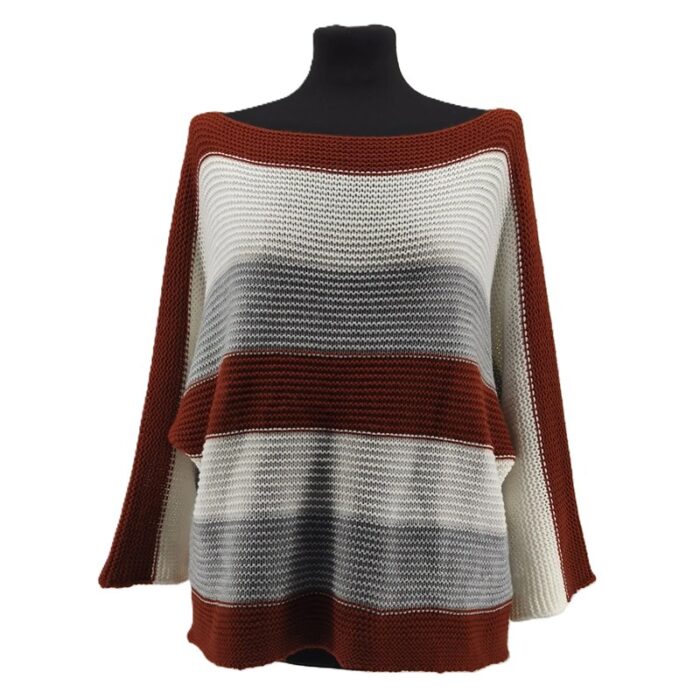 Front view of HAILYS caramel striped knit with 3/4 sleeves, loose vintage ladies knitwear style.