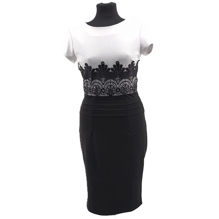Front view of black and white FavoLook pencil dress with lace waist, vintage dress style for women.