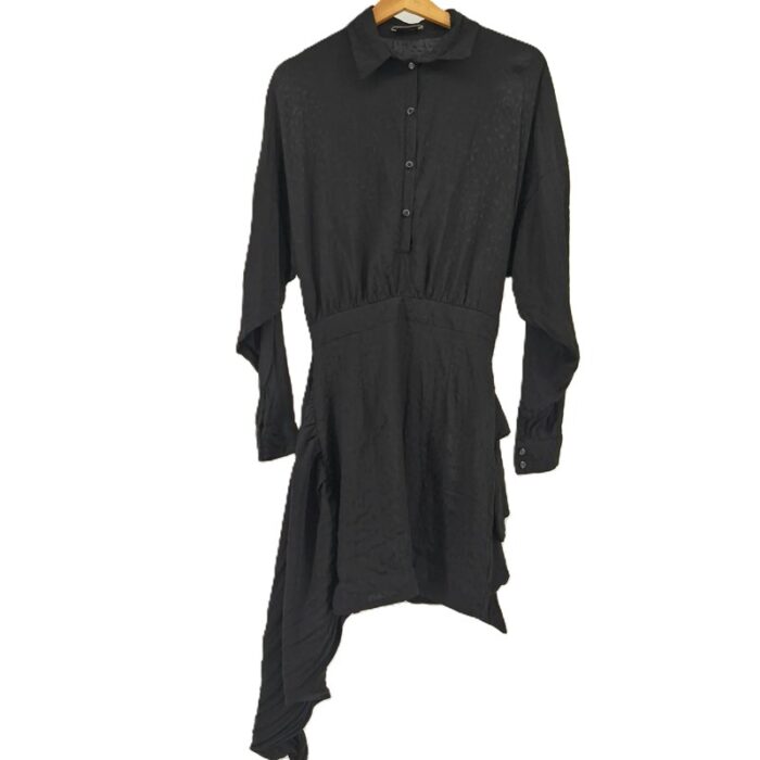 Front view of black asymmetric vintage dress Shopping Center in viscose on hanger