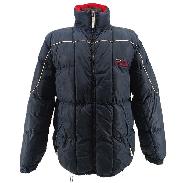 ALT 1: vintage Fila men’s puffer jacket front view in navy with logo embroidery