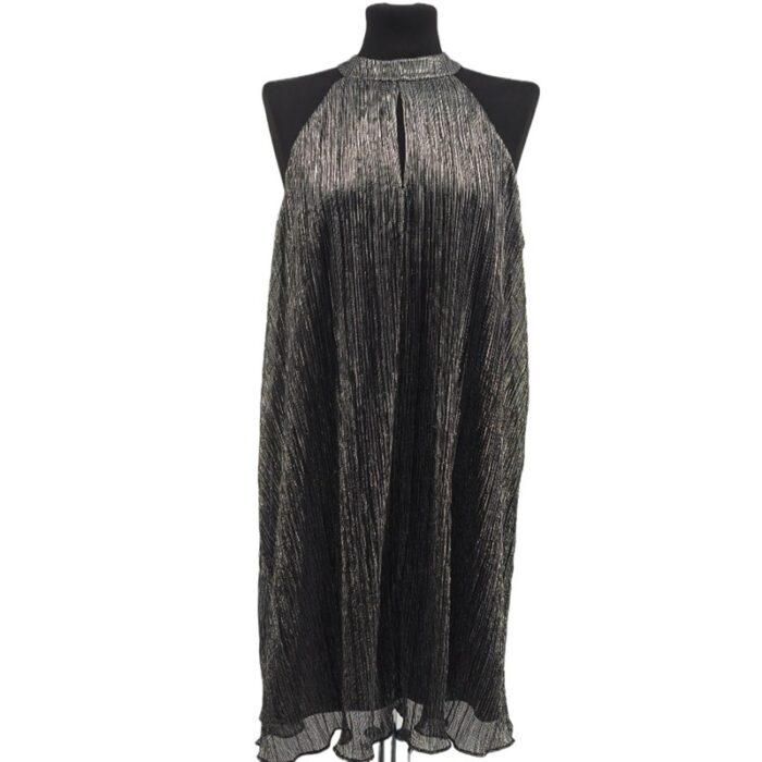 Front view of metallic pleated vintage dress Mango on mannequin, halter neckline