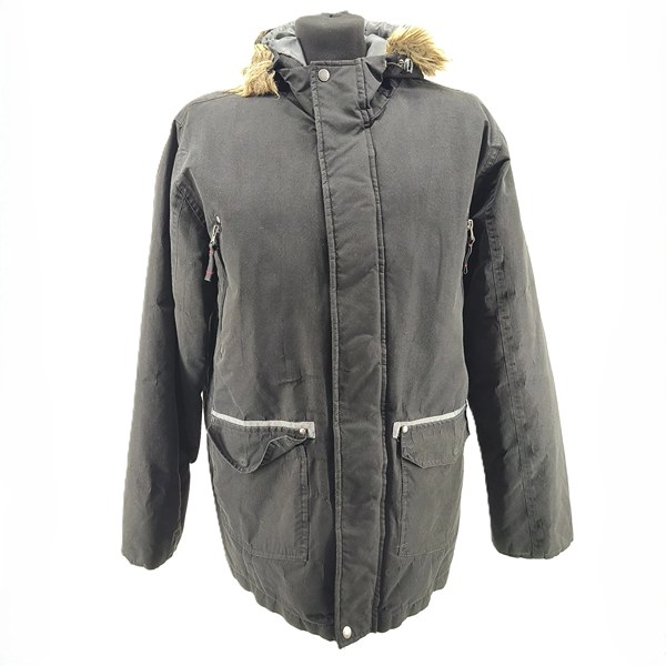 ALT 1: front view of vintage Atlas for Men black winter parka with faux fur hood