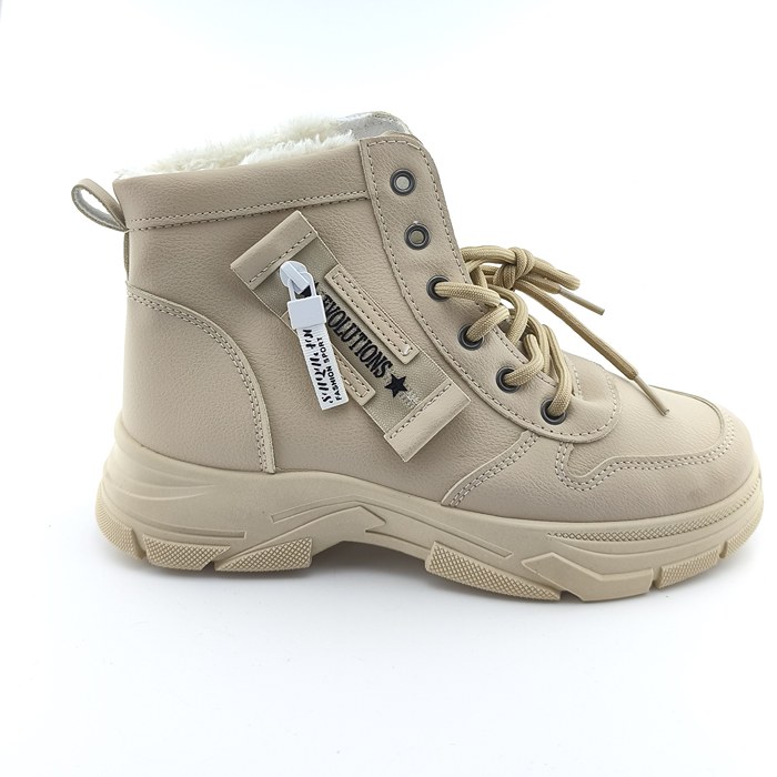 Beige faux leather vintage boots with side zipper and laces – side view