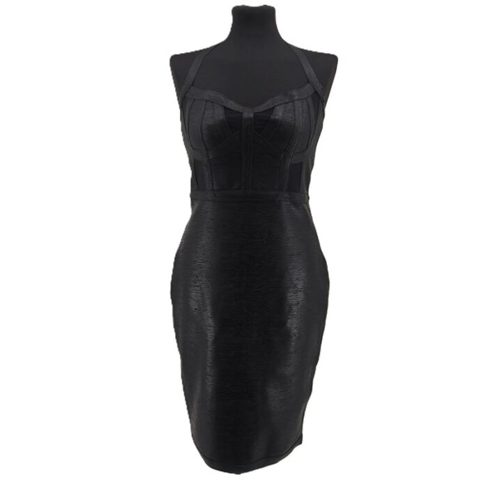 Front view of black Bella Barnett structured bodycon dress on mannequin, vintage-inspired style.