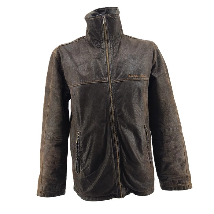 Front view of vintage Tom Tailor brown jacket with zip and stand-up collar – Vouge Vintage