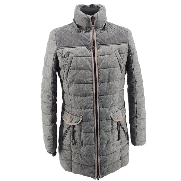 alt="Front view of grey Cecil vintage jacket for women with quilted shoulders"