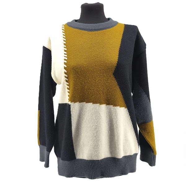 ALT: Front view of geometric color-block vintage sweater in mustard, cream and charcoal.