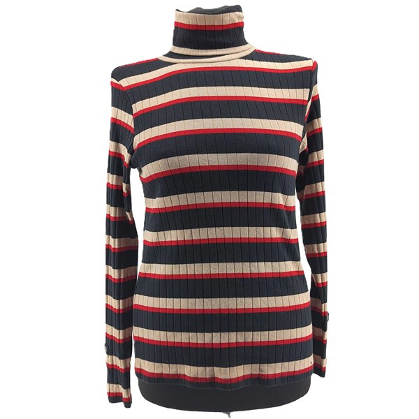 ALT: Front view of striped ribbed turtleneck sweater ever.me in navy, beige and red.