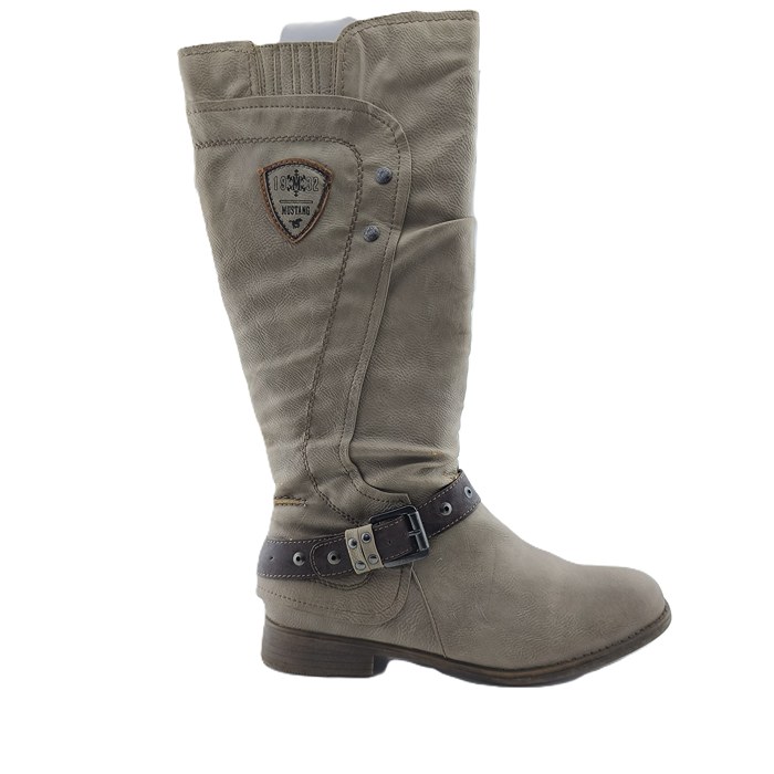 Vintage Boots Mustang side view showing taupe faux leather and buckle strap.
