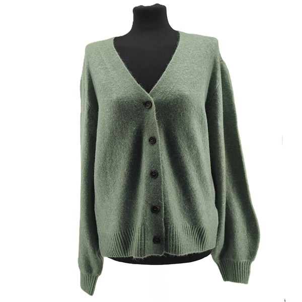 ALT: Front view of soft green Tchibo Essentials vintage V-neck cardigan.
