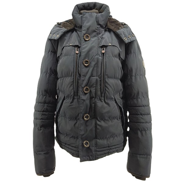 Front view of black Wellensteyn vintage women’s puffer jacket with buttons and hood