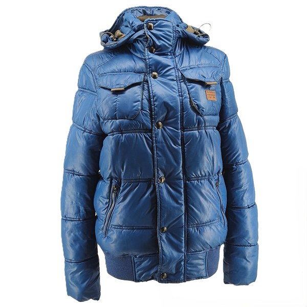 "Blue G-Star Raw vintage men’s puffer jacket, front view with hood and padded panels"