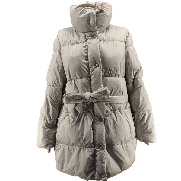 "Front view of beige Mango vintage puffer coat for women with belt and high collar"