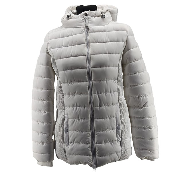 "Front view of white G!na vintage puffer jacket for women with hood and zipper"