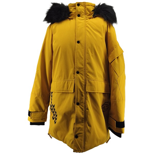 alt="Front view of bold yellow men's retro winter parka with black faux fur hood and graphic prints"