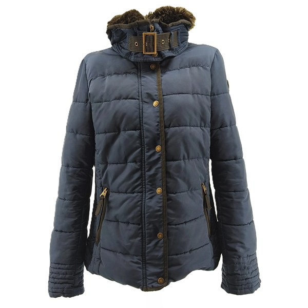 alt="Front view of blue Tom Tailor vintage puffer jacket with faux fur collar"