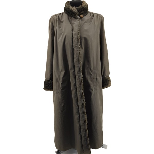 alt="Front view of long brown vintage winter coat with faux fur collar and cuffs"