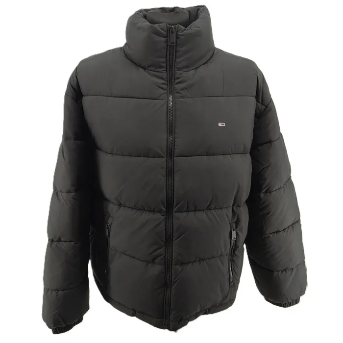 Vintage Tommy Jeans puffer jacket black Retro-2010s-style high collar front view.