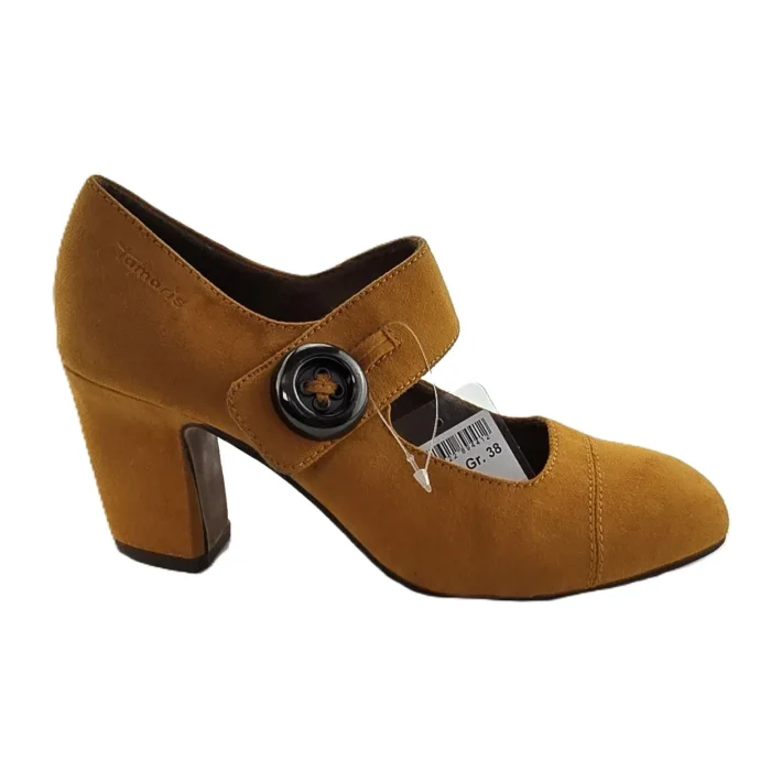 Vintage Ladie Shoes Tamaris pumps mustard Retro-70s-style button strap detail