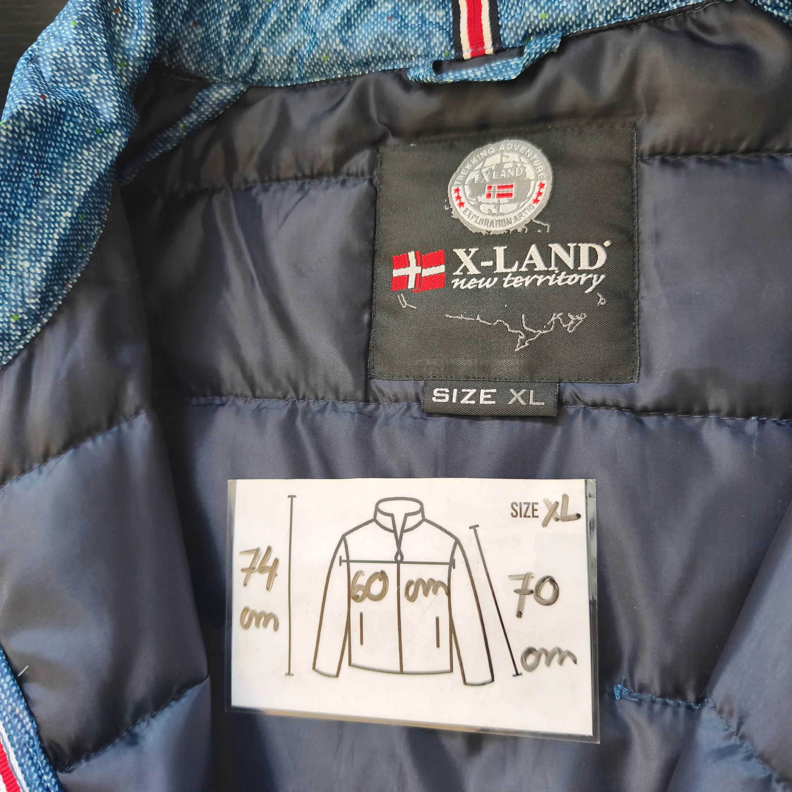X-Land Vintage Men’s Lightweight Jackets Blue Retro-puffer-style denim-look outdoor jacket detail
